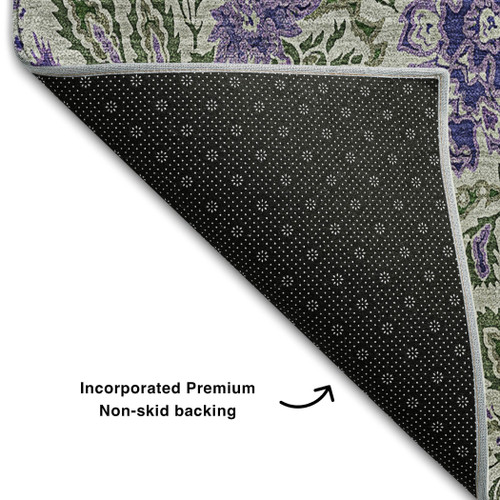 5' X 8' Olive Green And Purple Floral Washable Area Rug With UV Protection