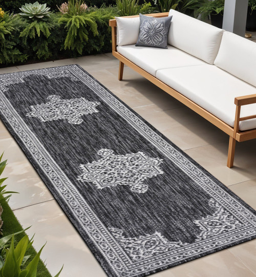 8' Dark Gray And Cream Medallion Indoor Outdoor Runner Rug