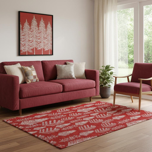 5' X 8' Red And Ivory Floral Washable Area Rug With UV Protection