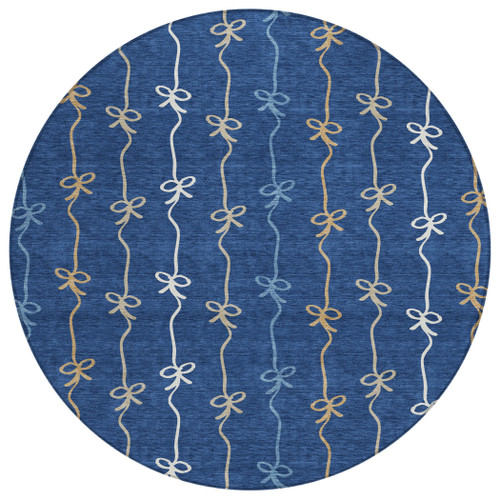 8' Navy Blue And Denim Blue Round Southwestern Washable Indoor Outdoor Area Rug