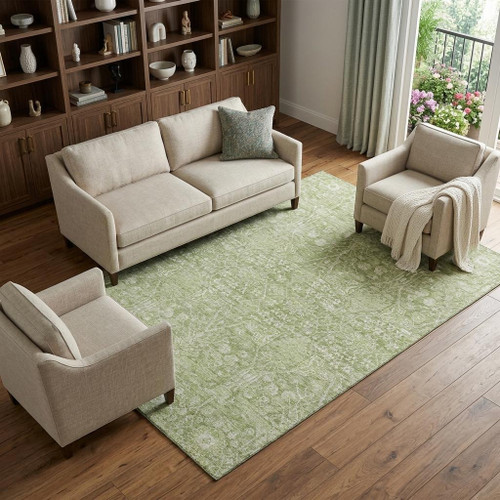 8' X 10' Artichoke Green And Beige Floral Washable Area Rug With UV Protection