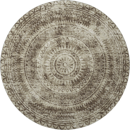 8' Brown And Ivory Medallion Washable Round Rug With UV Protection
