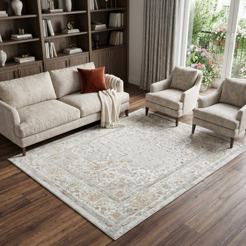 8' X 10' Gray Ivory Red Orange And Blue Medallion Area Rug