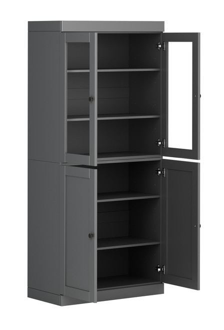 72" Gray Solid Wood Adjustable Six Tier Library Bookcase with Four Doors