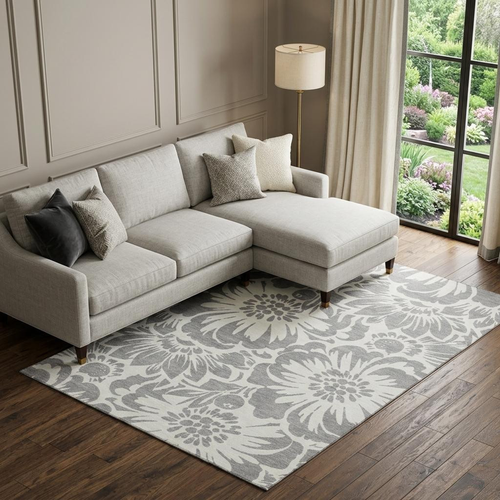 10' X 14' Gray And Ivory Floral Washable Area Rug With UV Protection