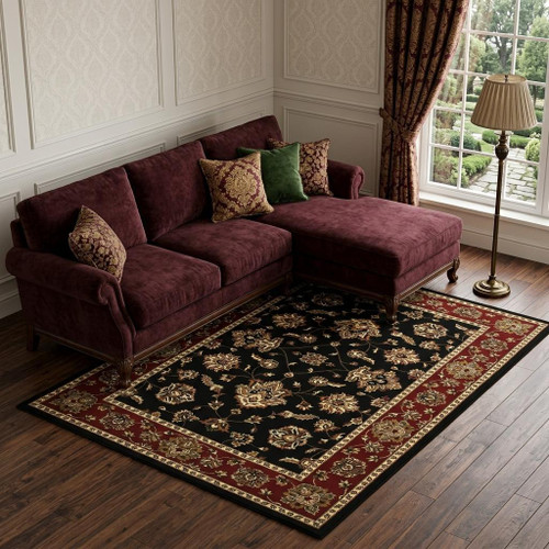 10' X 13' Black And Red Floral Area Rug