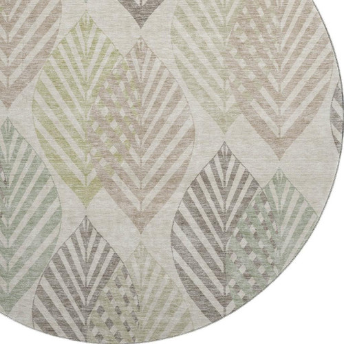 8' Beige Taupe And Green Floral Washable Round Rug With UV Protection