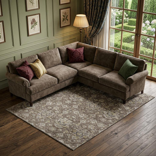 10' X 14' Taupe Ivory And Gold Floral Medallion Distressed Washable Area Rug With UV Protection
