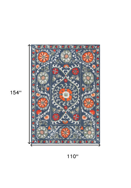 9' X 13' Blue Orange And Gray Tribal Washable Area Rug With UV Protection
