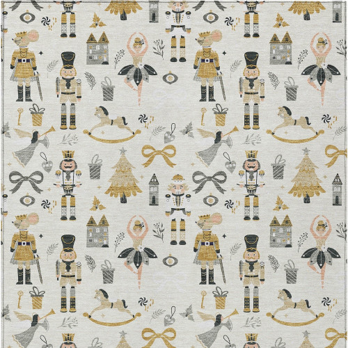 9' X 12' Ivory Gold Black And Gray Nutcracker Washable Indoor Outdoor Area Rug