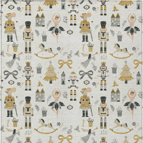 9' X 12' Ivory Gold Black And Gray Nutcracker Washable Indoor Outdoor Area Rug