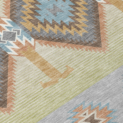 8' Gray And Green Round Southwestern Washable Indoor Outdoor Area Rug