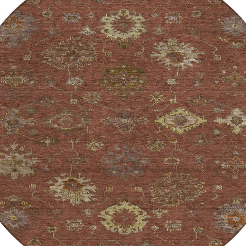 8' Rust And Gold Round Floral Washable Indoor Outdoor Area Rug
