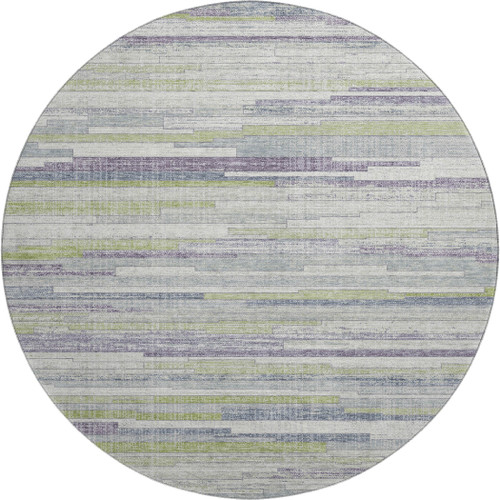 8' Artichoke Green Ivory And Plum Striped Washable Round Rug With UV Protection