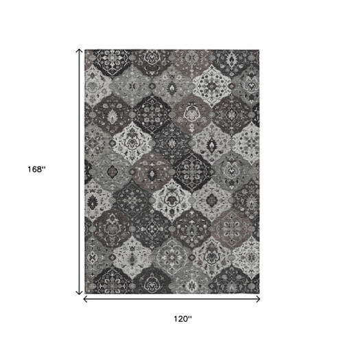 10' X 14' Gray Charcoal And Ivory Floral Medallion Washable Indoor Outdoor Area Rug