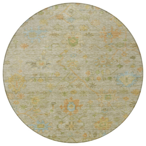 8' Khaki And Beige Round Floral Washable Indoor Outdoor Area Rug