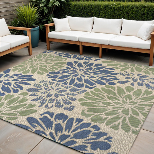 3' Navy Blue And Green Square Floral Indoor Outdoor Area Rug