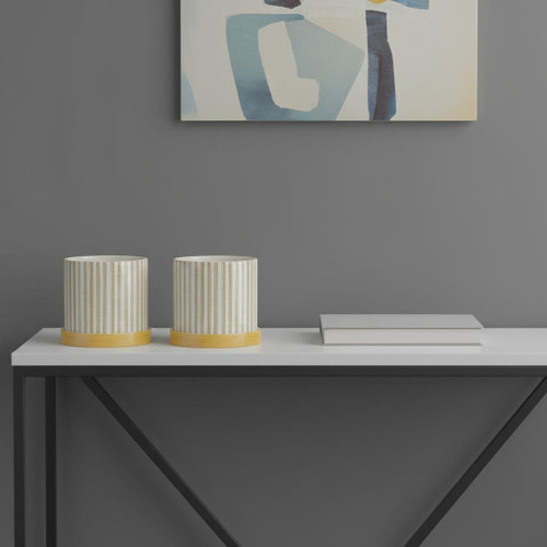 Set of Two Yellow And White Ceramic 2 Ounce Striped Round Pot Planters