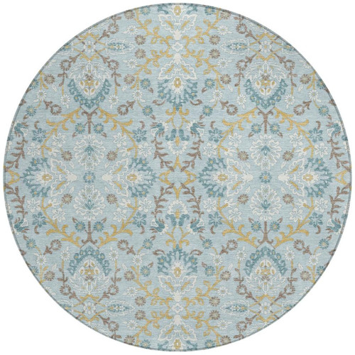 8' Sky Blue And Blue Round Geometric Washable Indoor Outdoor Area Rug