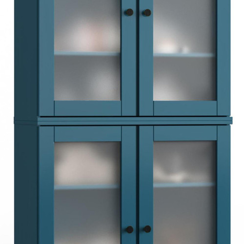 32" Teal Blue Solid Wood Glass Panel Inlay Double Door Linen Cabinet