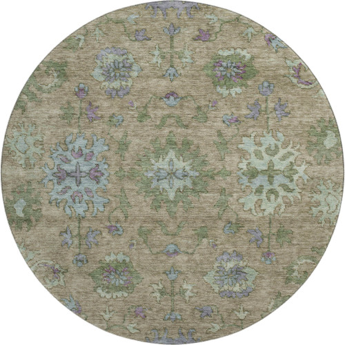 8' Brown And Lavender Oriental Washable Round Rug With UV Protection