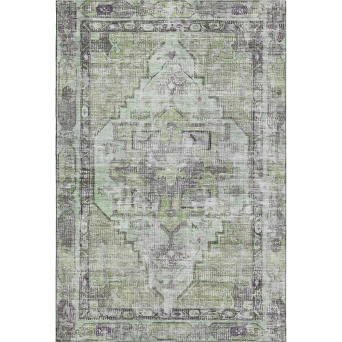 9' X 12' Artichoke Green Charcoal And Ivory Oriental Washable Area Rug With UV Protection
