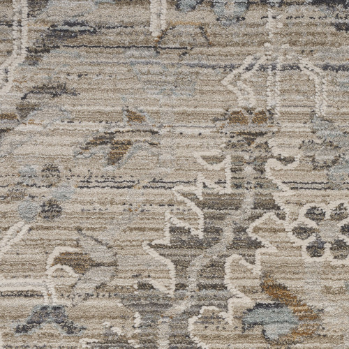 12' Ivory Black And Taupe Floral Distressed Runner Rug With Fringe