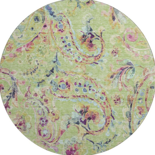 8' Artichoke Green Blue And Pink Paisley Washable Round Rug With UV Protection