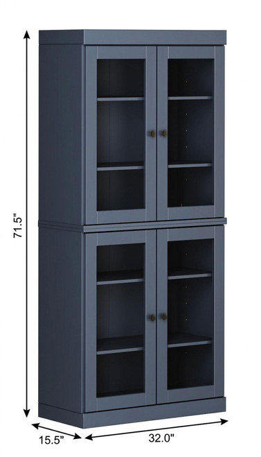 72" French Blue Solid Wood Adjustable Six Tier Library Bookcase with Four Doors