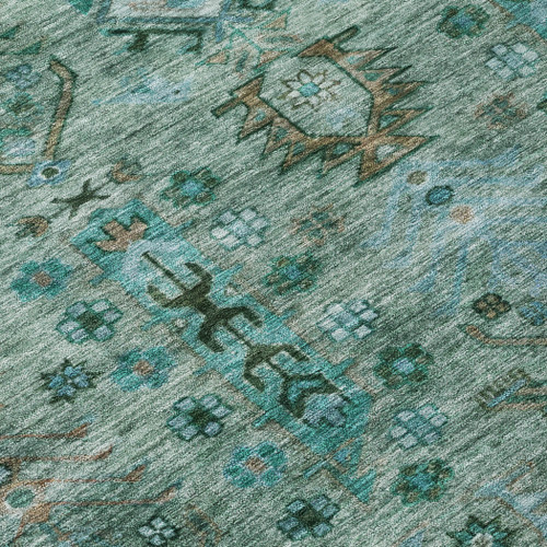 9' X 12' Green And Teal Blue Tribal Washable Indoor Outdoor Area Rug