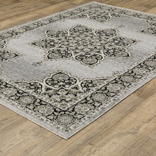 7' X 10' Gray And Black Medallion Area Rug With Fringe