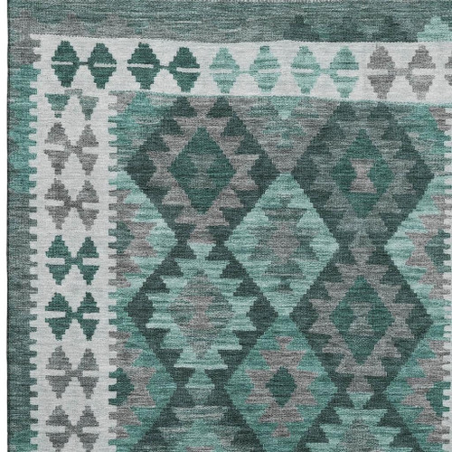 10' X 14' Pale Aqua And Ivory Tribal Washable Area Rug With UV Protection