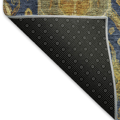10' X 14' Navy Blue And Gold Ikat Washable Indoor Outdoor Area Rug