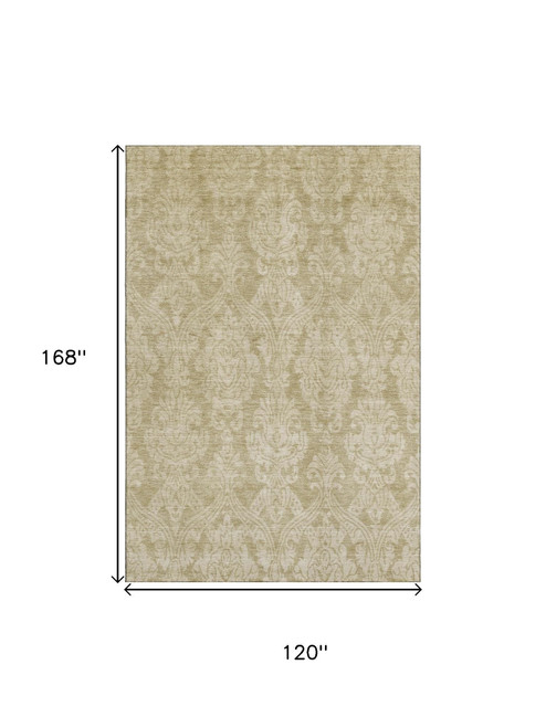 10' X 14' Tan And Beige Damask Washable Area Rug With UV Protection
