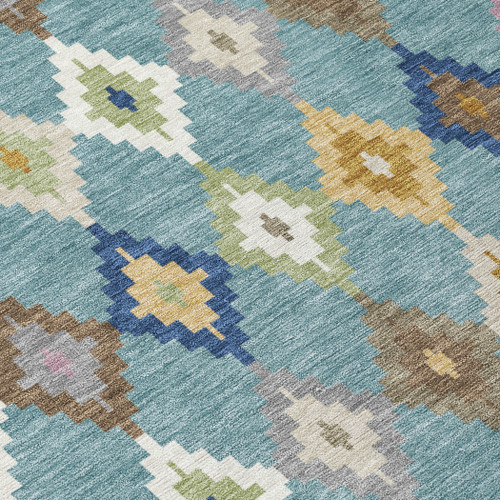 9' X 12' Teal Blue And Orange Aztec Washable Indoor Outdoor Area Rug