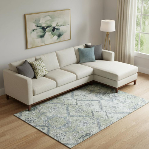 9' X 12' Artichoke Green And Gray Floral Washable Area Rug With UV Protection