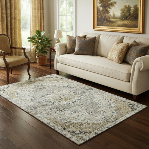 5' X 8' Taupe Beige And Ivory Floral Medallion Washable Area Rug With UV Protection