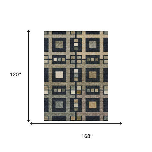 10' X 14' Black And Beige Geometric Washable Indoor Outdoor Area Rug