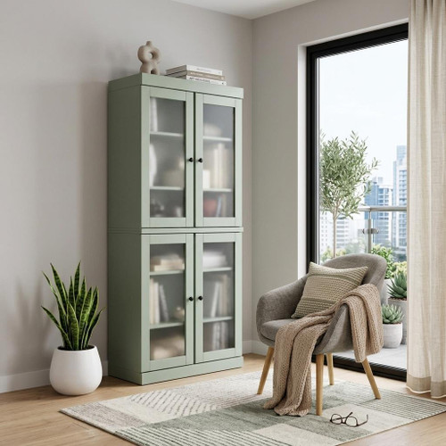 72" Sage Solid Wood Adjustable Six Tier Library Bookcase with Four Doors