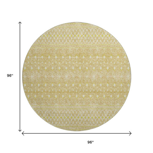 8' Gold And Ivory Tribal Washable Round Rug With UV Protection