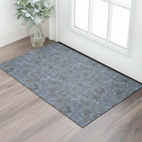 3' X 5' Blue And Gray Floral Washable Area Rug With UV Protection