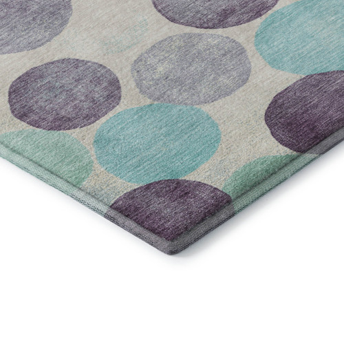 8' Plum Teal And Ivory Geometric Washable Round Rug With UV Protection