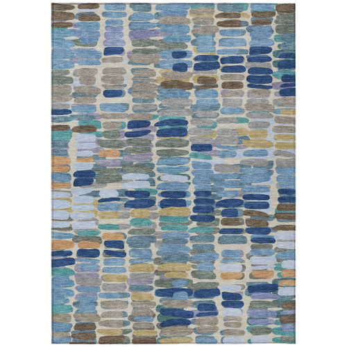 10' X 14' Denim Blue Wheat And Beige Abstract Washable Indoor Outdoor Area Rug