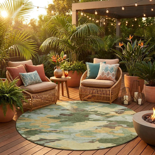 8' Olive Green And Green Round Abstract Washable Indoor Outdoor Area Rug