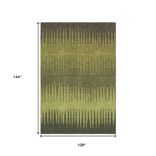 9' X 12' Olive Green Gray And Fern Green Striped Washable Area Rug With UV Protection
