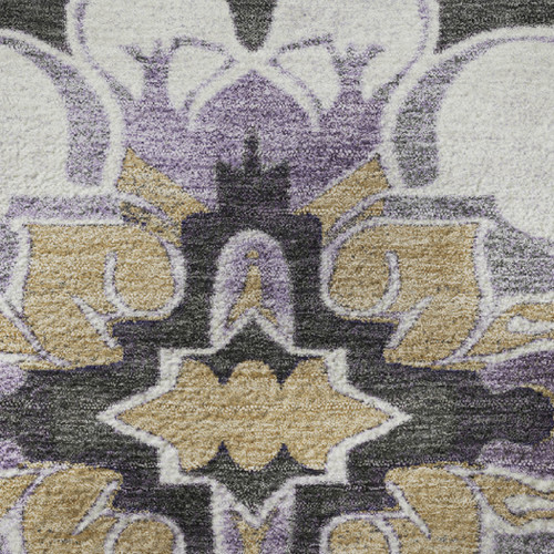 8' Purple Ivory And Charcoal Floral Medallion Washable Round Rug With UV Protection