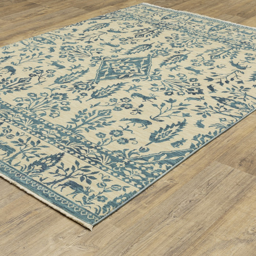 2' X 3' Ivory And Blue Oriental Area Rug With Fringe