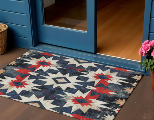 3' X 5' Navy Blue And Red Aztec Washable Indoor Outdoor Area Rug