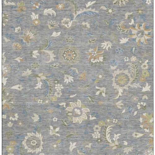 10' X 14' Gray Copper And Blue Floral Washable Area Rug With UV Protection
