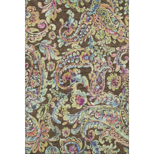 8' X 10' Chocolate Blue And Pink Paisley Washable Area Rug With UV Protection
